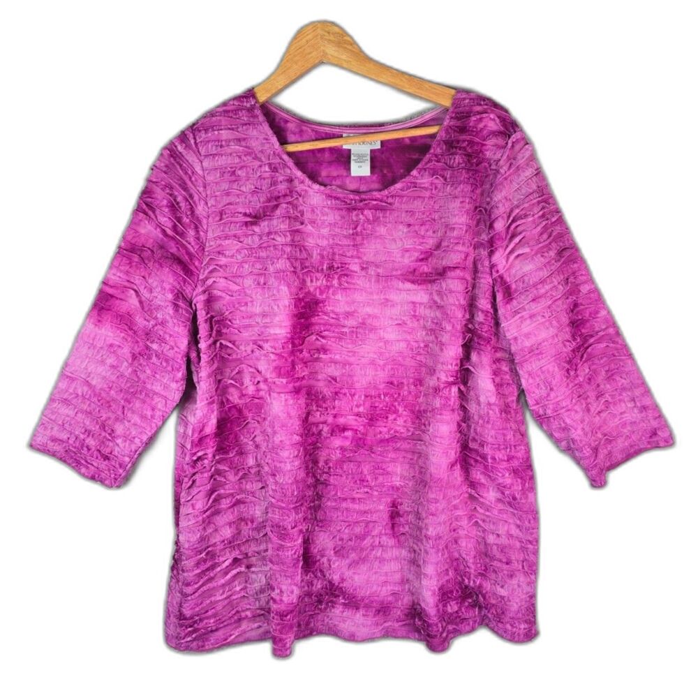 Catherines Magenta Pink Top 0X Layered Ruffle Texture 3/4 Sleeve Plus